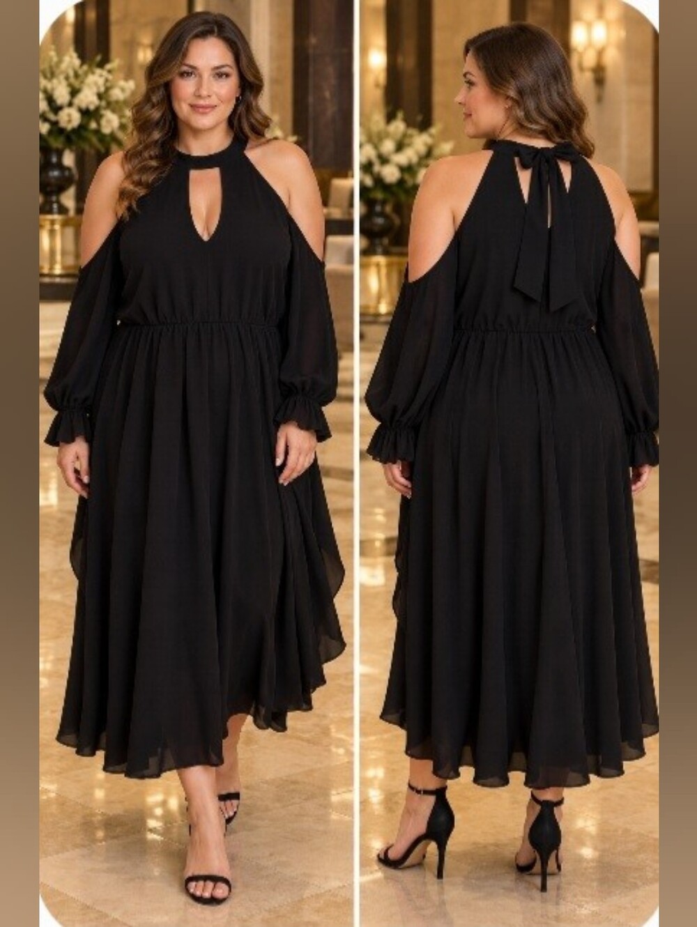 Passion of Essence Black Cold-Shoulder Halter Midi Dress